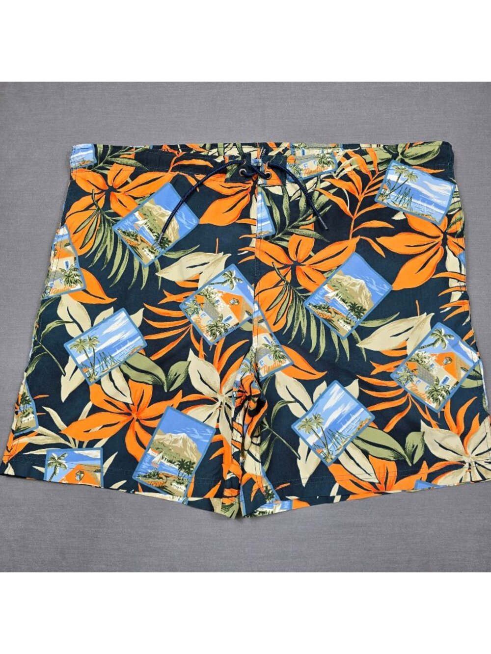 Nautica Mens Hawaiian Print Swim Trunks L Large Orange Blue & Green